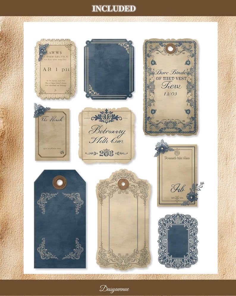 May include: A selection of vintage-style tags and labels in various shapes and sizes. The tags feature ornate floral and scrollwork designs in shades of blue and beige. Some tags include text such as "Included", "Dare Binde", and "Betroarry Melk On".