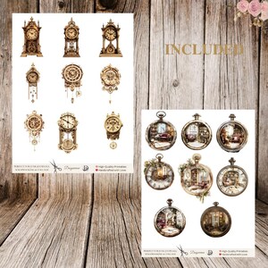 May include: A set of printable digital images featuring vintage-style clocks and pocket watches. The images are perfect for scrapbooking, junk journaling, and other crafting projects.