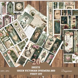 20 vellen groen Victoriaans kortstondig en kieskeurig gesneden digitaal papier | Elegante bloemenklokken | Nostalgische groene verschijnselen | Elegante bloemen, klokken