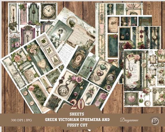 20 Sheets Green Victorian Ephemera & Fussy Cut Digital Papers | Elegant Flowers Clocks | Nostalgic Green Ephemera | Elegant Flowers,  Clocks