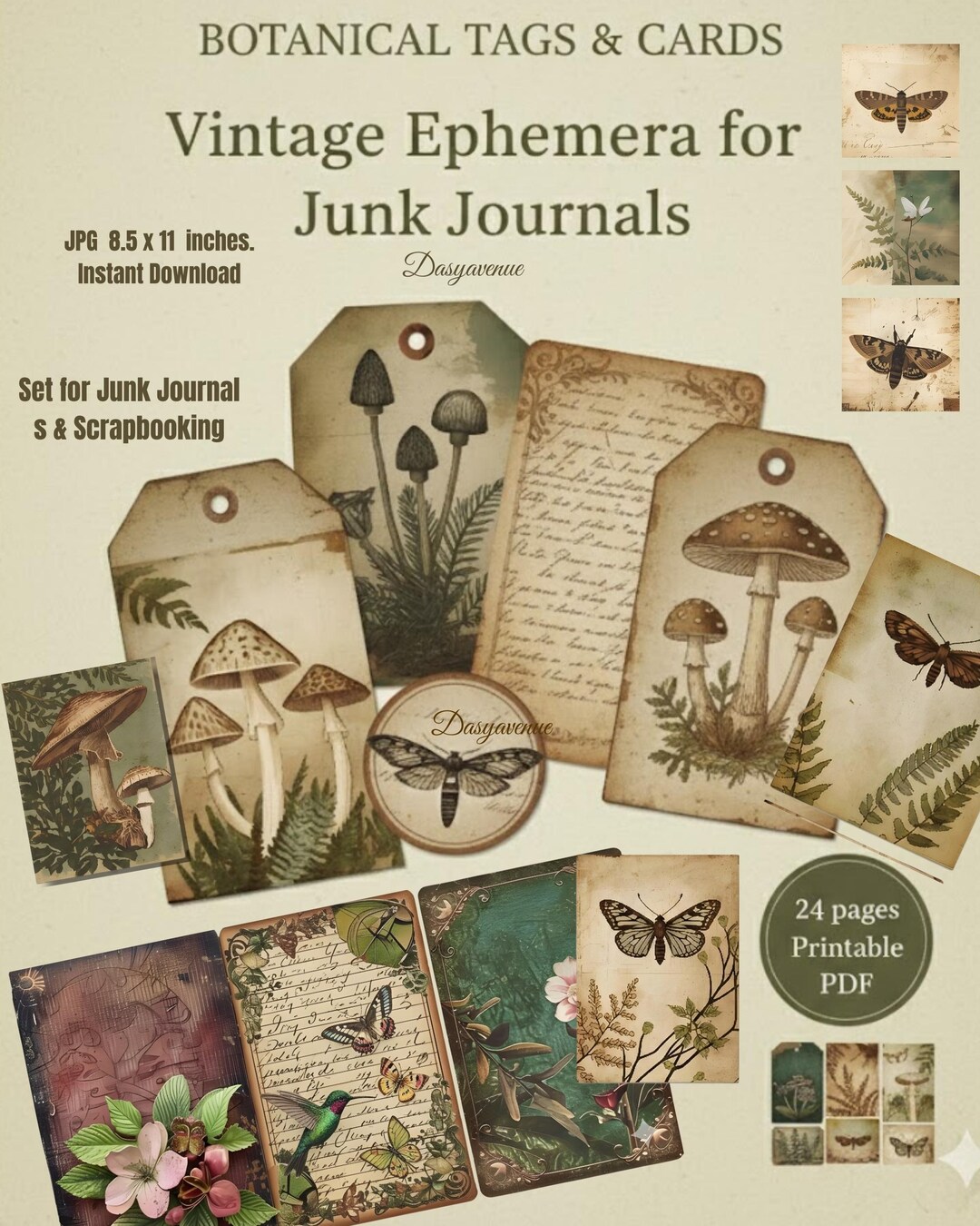 Botanical Tags and Cards, Vintage Ephemera Pages for Junk Journals ...