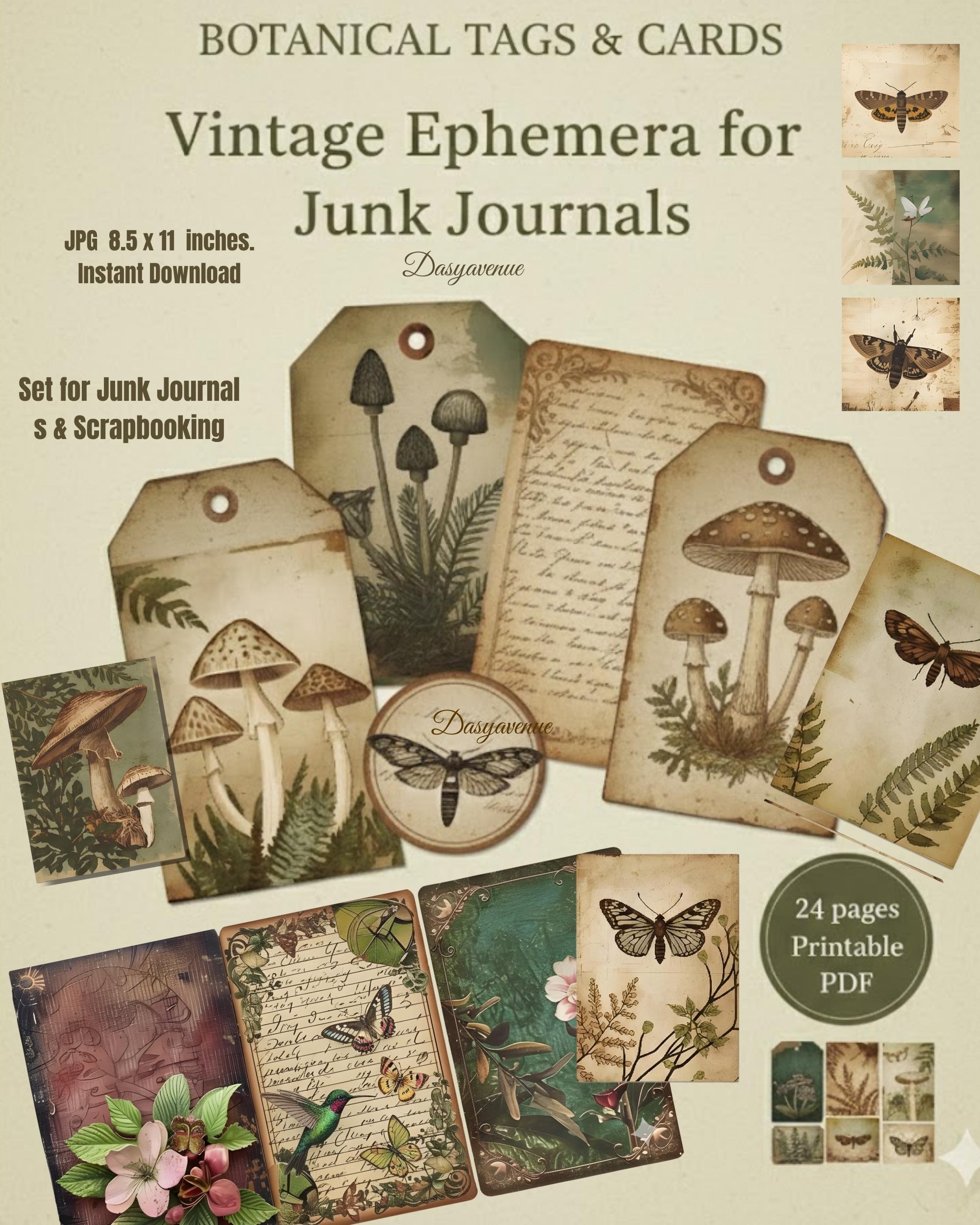 Botanical Tags and Cards, Vintage Ephemera Pages for Junk Journals ...