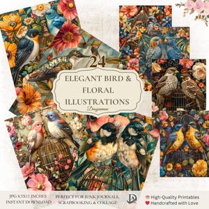 24 Shabby Chic Blumen Vogel Muster - Vintage Digitales Papier für Decoupage, Vogelkäfig Illustration, Hintergründe & Bastelprojekte