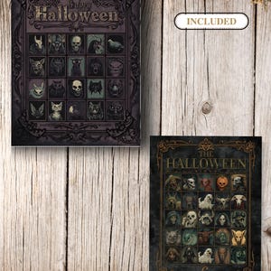 Puede incluir: Dos tarjetas rectangulares de bingo de Halloween con bordes oscuros y ornamentados, que presentan cuadr&iacute;culas con ilustraciones de diversas criaturas. La tarjeta superior muestra el texto Happy Halloween, la inferior The Halloween Bingo y el n&uacute;mero 6.