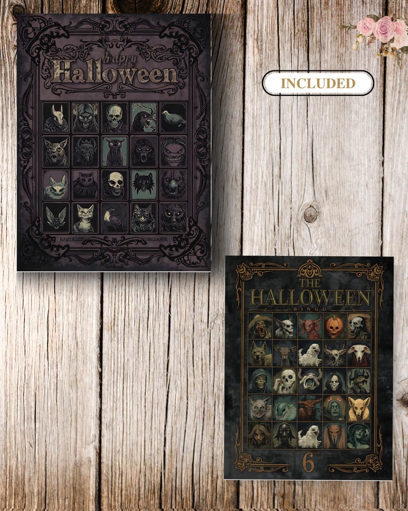 Puede incluir: Dos tarjetas rectangulares de bingo de Halloween con bordes oscuros y ornamentados, que presentan cuadr&iacute;culas con ilustraciones de diversas criaturas. La tarjeta superior muestra el texto Happy Halloween, la inferior The Halloween Bingo y el n&uacute;mero 6.