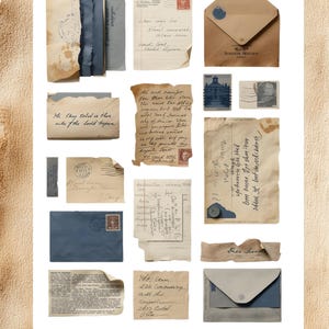 May include: A selection of vintage paper items, such as envelopes, stamps, and handwritten notes. The items have a distressed appearance with torn edges and faded colours of beige, blue, and brown. The word "INCLUDED" is at the top.