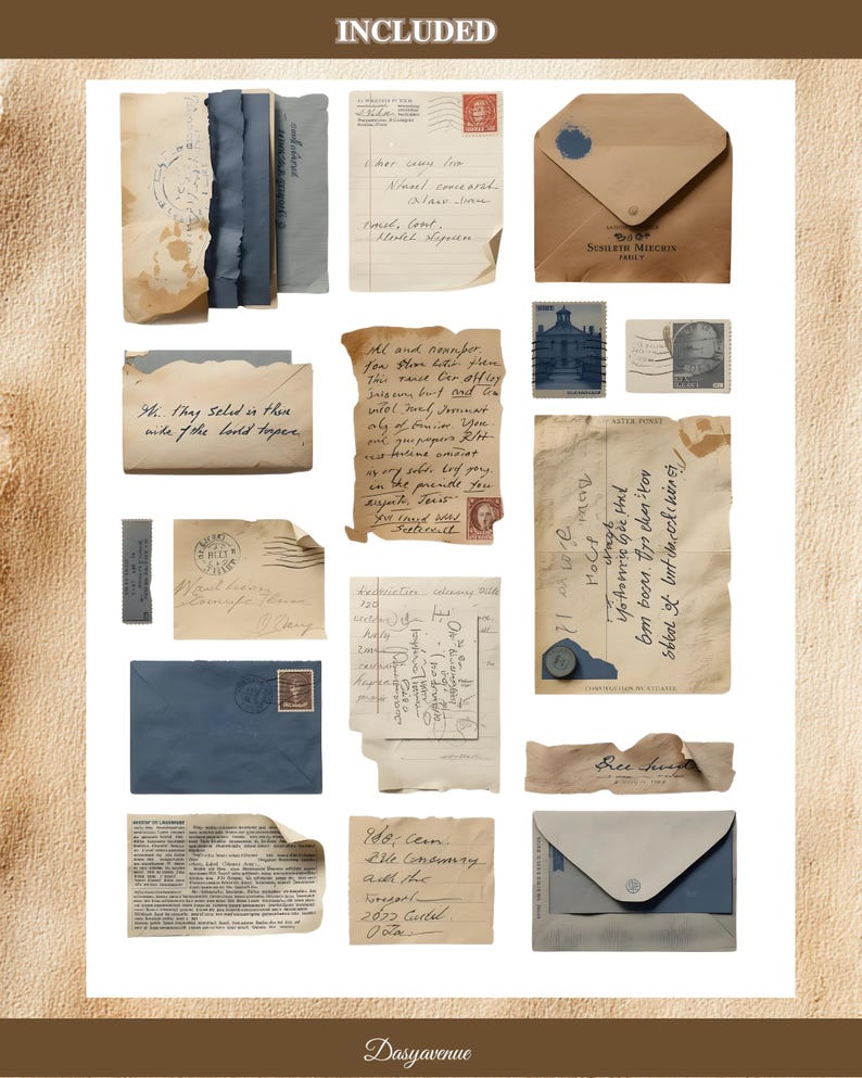May include: A selection of vintage paper items, such as envelopes, stamps, and handwritten notes. The items have a distressed appearance with torn edges and faded colours of beige, blue, and brown. The word "INCLUDED" is at the top.
