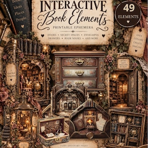 Può includere: Una collezione di 49 elementi interattivi per libri stampabili, tra cui scene di biblioteche in miniatura, cassetti, spazi segreti e buste. Il set include illustrazioni dettagliate di angoli lettura, lanterne e mobili con testo.