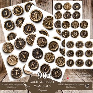 Alphabet PNG vintage avec cachet de cire, timbres de cire lettre or, cachets numériques pour journaux indésirables, scrapbooking, éphémères, fabrication de cartes, travaux manuels