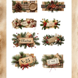May include: A collection of vintage Christmas-themed tags and embellishments. Each design features pinecones, greenery, berries, and aged paper elements. Some tags include text like "Noel", "Christmas", and "No. 25", with a rustic, handcrafted aesthetic.