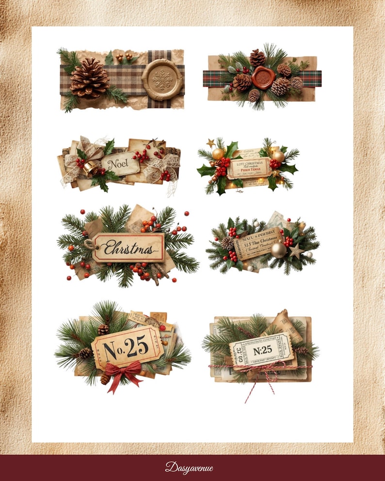 May include: A collection of vintage Christmas-themed tags and embellishments. Each design features pinecones, greenery, berries, and aged paper elements. Some tags include text like "Noel", "Christmas", and "No. 25", with a rustic, handcrafted aesthetic.