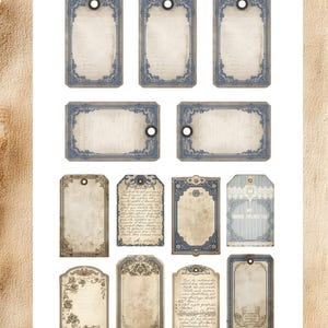 May include: A selection of vintage-style tags with elaborate blue borders and aged paper textures. Some tags feature handwritten text, while others have decorative floral elements. The word "INCLUDED" is at the top.