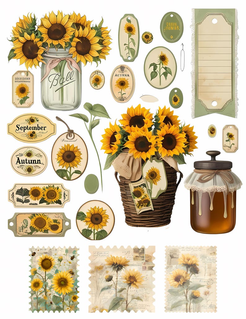 Sunflower Junk Journal Ephemera Kit - Printable Ephemera, Tags, Cards ...