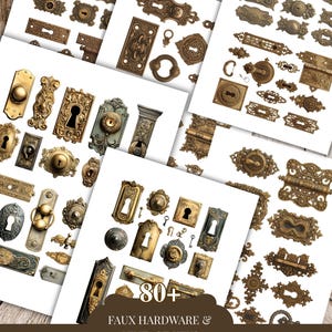 May include: A collection of vintage-style faux hardware and keys, including doorknobs, keyholes, and decorative plates, in various shapes and sizes. The image features a variety of brass and gold-toned elements, with the text "FAUX HARDWARE & VINTAGE KEYS".