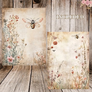 K&ouml;nnte beinhalten: Zwei digitale Papierhintergr&uuml;nde mit Vintage-&Auml;sthetik. Einer zeigt eine Biene und Wildblumen, der andere eine Biene und ein Blumenmuster.