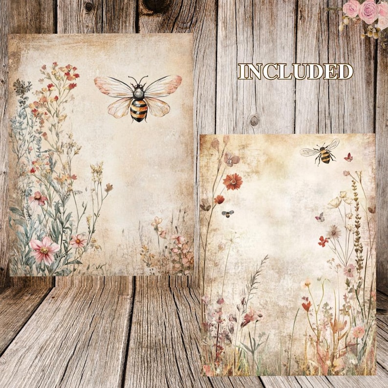 K&ouml;nnte beinhalten: Zwei digitale Papierhintergr&uuml;nde mit Vintage-&Auml;sthetik. Einer zeigt eine Biene und Wildblumen, der andere eine Biene und ein Blumenmuster.