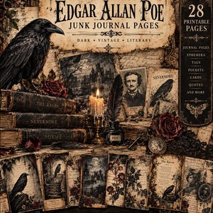 Puede incluir: Una colección de 28 páginas imprimibles para diario creativo con temas de Edgar Allan Poe. Las imágenes incluyen un cuervo negro, libros antiguos, una vela encendida, un tintero con pluma y retratos. El texto dice Edgar Allan Poe Junk Journal Pages.