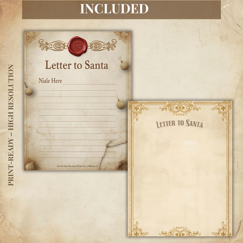 May include: Two vintage-style letter sheets with the text "Letter to Santa." One sheet is lined and includes a space for a name and a red wax seal. The other sheet is blank. Both have decorative borders and a parchment-like appearance.