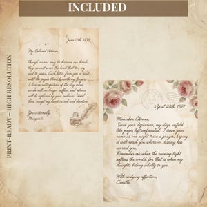 May include: Vintage-style printable digital art featuring two aged letters with handwritten text. One letter is dated June 11th, 1879, and the other April 28th, 1891. Both letters have floral accents and are ready for printing.