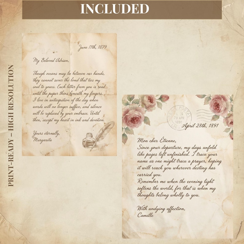 May include: Vintage-style printable digital art featuring two aged letters with handwritten text. One letter is dated June 11th, 1879, and the other April 28th, 1891. Both letters have floral accents and are ready for printing.