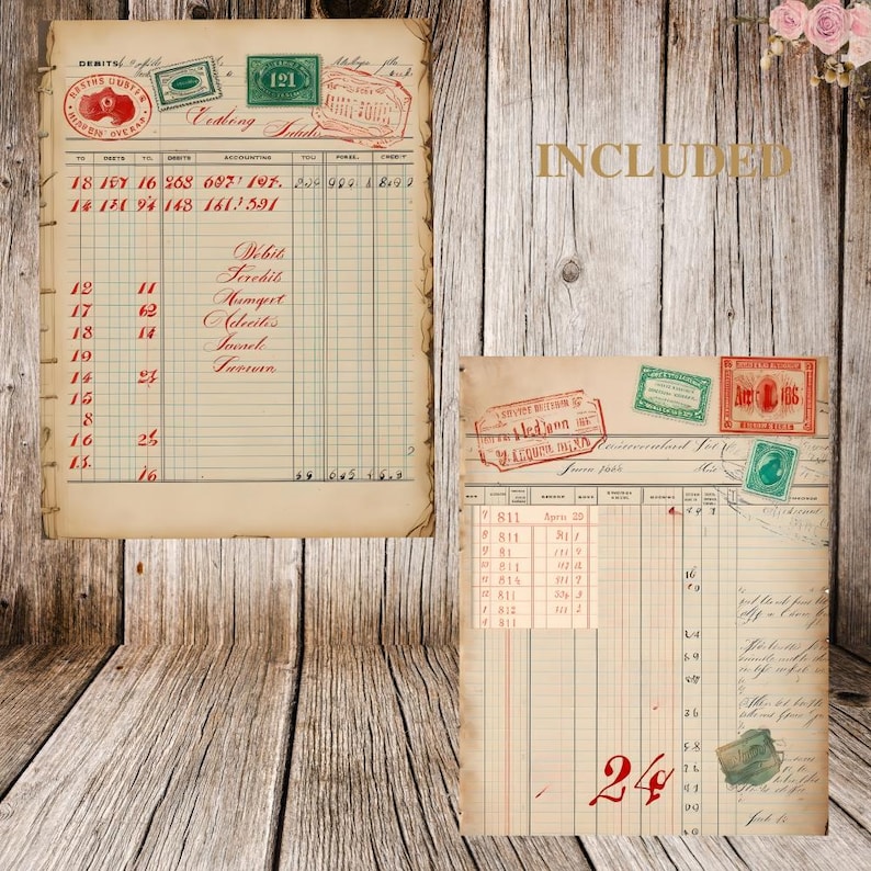 May include: Two vintage ledger pages with stamps and handwritten entries. The pages have a worn, aged appearance with red and green accents. The word "INCLUDED" is printed in gold.