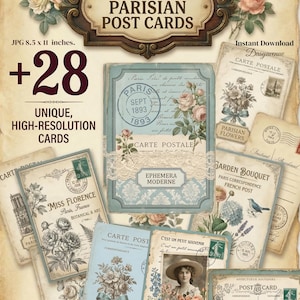 Könnte beinhalten: Eine Sammlung von Vintage-Pariser Postkarten mit floralen und botanischen Themen. Das Bild enthält eine Vielzahl von Postkarten mit Text, Illustrationen und Spitzendetails. Die Postkarten sind 21,59 x 27,94 cm groß und enthalten den Text "Vintage Parisian Post Cards".