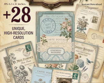 May include: A collection of vintage Parisian postcards with floral and botanical themes. The image includes a variety of postcards with text, illustrations, and lace details. The postcards are 8.5 x 11 inches and include the text "Vintage Parisian Post Cards".