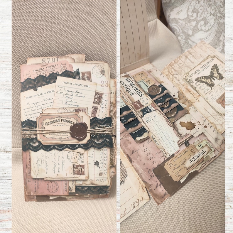 May include: A vintage-style junk journal featuring layered ephemera, including library lending cards, railway tickets, and postage stamps. The cover is wrapped in black lace and twine with a wax seal, while the interior pages display butterfly illustrations, handwritten script, and various paper pockets.