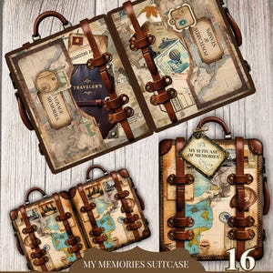 May include: A vintage travel junk journal kit featuring several brown suitcases with leather straps and handles. The suitcases are decorated with maps, postcards, and the text "MY SUITCASE OF MEMORIES". The kit includes 16 pages of scrapbook supplies.