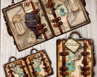 May include: A vintage travel junk journal kit featuring several brown suitcases with leather straps and handles. The suitcases are decorated with maps, postcards, and the text "MY SUITCASE OF MEMORIES". The kit includes 16 pages of scrapbook supplies.