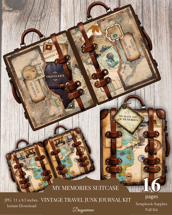 Vintage Travel Junk Journal Folio Kit, My Memories Suitcase Printable, World Map Ephemera, Scrapbook Supplies, Adventure Journal Pages