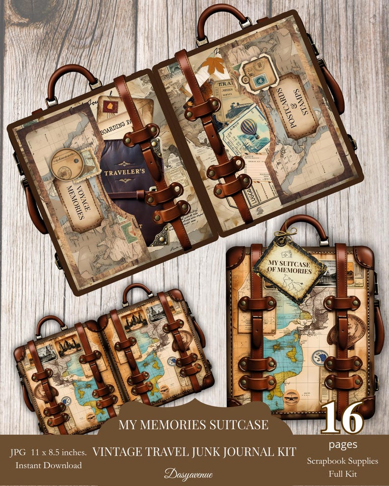 May include: A vintage travel junk journal kit featuring several brown suitcases with leather straps and handles. The suitcases are decorated with maps, postcards, and the text "MY SUITCASE OF MEMORIES". The kit includes 16 pages of scrapbook supplies.