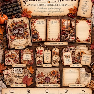 Może przedstawiać: Zestaw do druku w stylu vintage na jesienny dziennik pod tytułem Gratitude Cozy Journal, zawierający okładkę, strony, kieszonki, zawieszki, karty, efemerydy i elementy dekoracyjne z jesiennymi liśćmi, słonecznikami, dyniami i motylami.