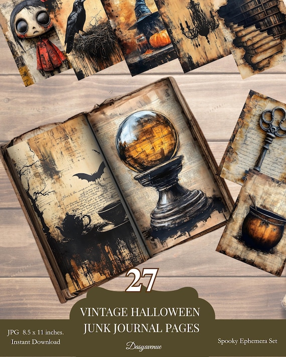 Vintage Halloween Junk Journal Pages | Spooky Printable Ephemera, Witchy Scrapbook Papers, Gothic Raven Pumpkin Crystal Ball