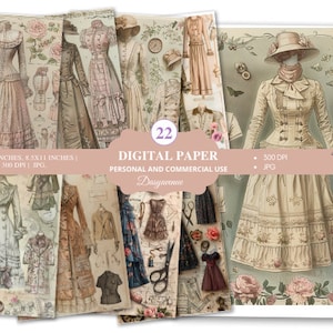 22 abiti vittoriani vintage alla moda, materiali per diari vintage, carta per album, carta da parati shabby chic, kit per diari vintage, carta da parati