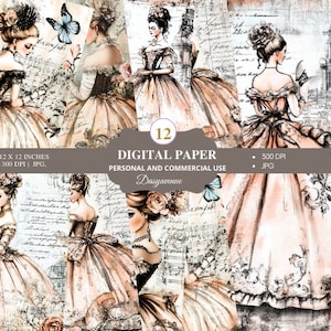 May include: A digital paper pack with 12 vintage-style illustrations of women in ball gowns. The illustrations are in shades of pink, white, and black, and feature intricate details like lace, flowers, and butterflies. The paper pack is perfect for scrapbooking, card making, and other craft projects.