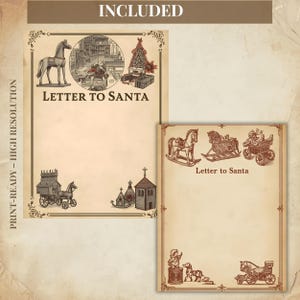 May include: Two vintage-style "Letter to Santa" stationery sheets. The larger sheet features illustrations of a horse, a town scene, a Christmas tree, and a horse-drawn carriage. The smaller sheet has a rocking horse, a horse-drawn carriage, and other illustrations.