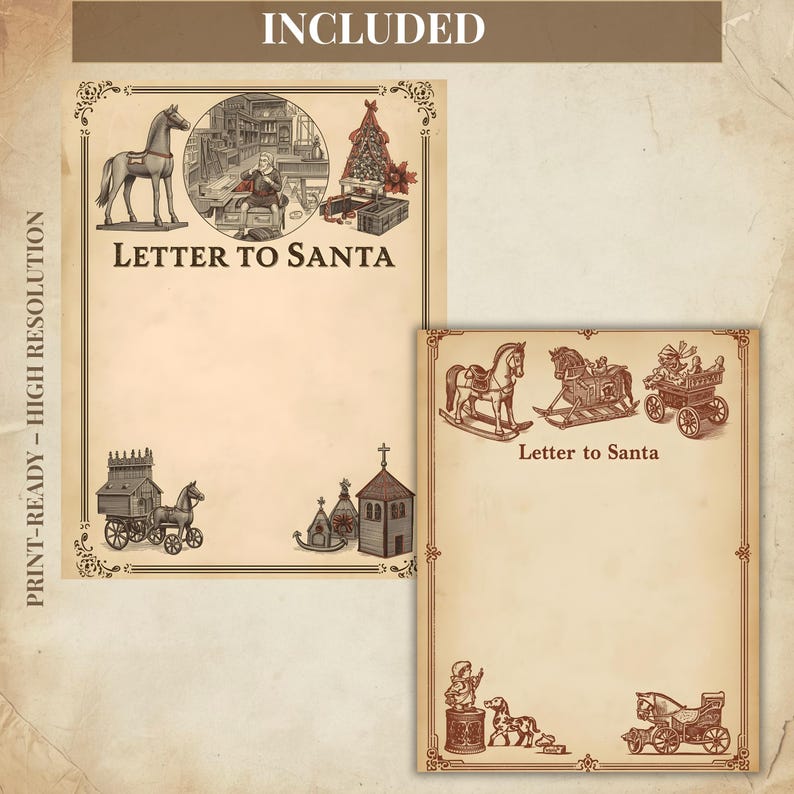 May include: Two vintage-style "Letter to Santa" stationery sheets. The larger sheet features illustrations of a horse, a town scene, a Christmas tree, and a horse-drawn carriage. The smaller sheet has a rocking horse, a horse-drawn carriage, and other illustrations.