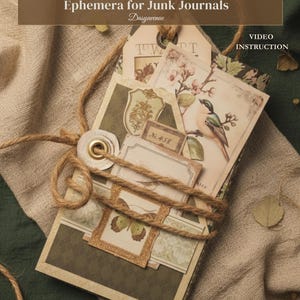 May include: A vintage botanical folio for junk journals, bound with twine. The folio contains ephemera with botanical illustrations, a bird, and a butterfly. The text on the folio reads "Vintage Botanical Folio" and "Ephemera for Junk Journals".