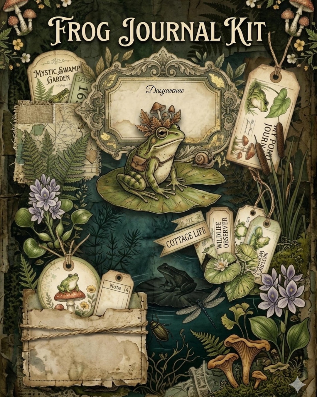 Frog Cottagecore Junk Journal Kit, Pond Ephemera Printable, Mushroom ...