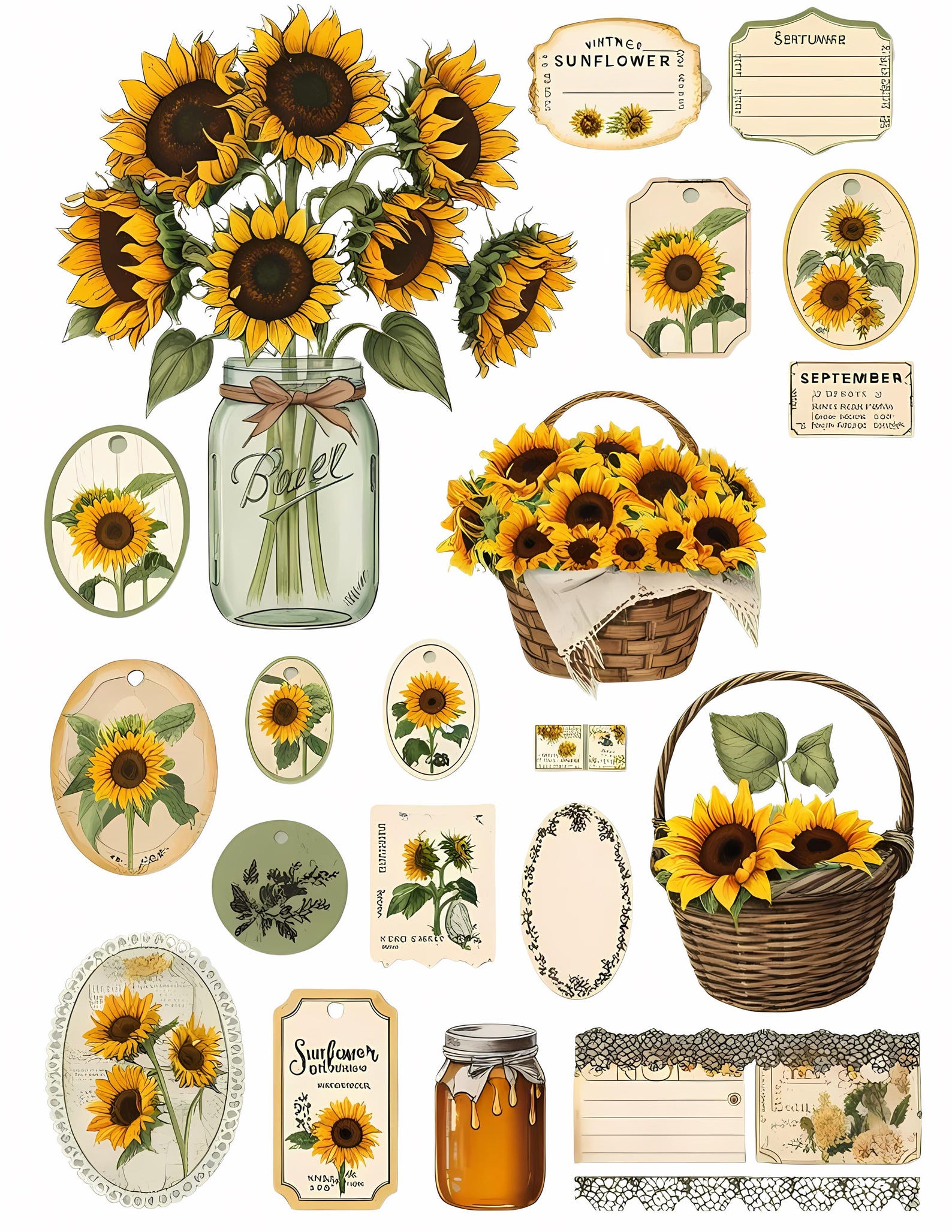 Sunflower Junk Journal Ephemera Kit - Printable Ephemera, Tags, Cards ...