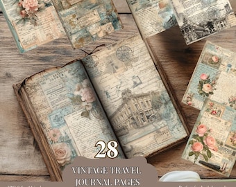 Vintage Travel Junk Journal Pages, Paris Ephemera Printable, Shabby Chic Roses Scrapbook Paper, Antique Postcard Collage Pack