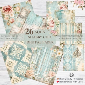 Shabby Chic-pagina's voor ongewenste tijdschriften | Vintage bloemen efemere pagina's | Blauw afdrukbaar plakboekpapier | Antieke collagebladen | Knutselbenodigdheden