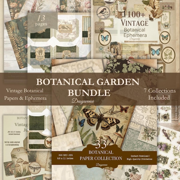 Botanical Garden Bundle 120 Pages Vintage Botanical Junk Journal Kit Printable Ephemera Papers 8.5x11 Collage Scrapbook Set