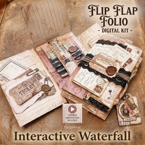 Puede incluir: Un kit digital de folio con solapas de papel que presenta efímeros de estilo vintage, incluyendo talones de boletos, notas manuscritas y sellos de cera. El conjunto incluye páginas en capas con encaje negro, clips y una etiqueta de diario. Texto: Flip Flap Folio - Digital Kit e Interactive Waterfall.