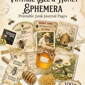 Vintage Bee Honey Ephemera for Junk Journals, Botanical Bee Tags, Honey Jar Labels, Printable Nature Scrapbook Ephemera, Beekeeping Collage