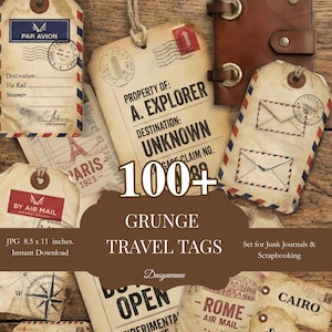 May include: A collection of vintage-style travel tags with various designs and text, including "PAR AVION," "A. EXPLORER," and city names. The tags are aged with a grunge aesthetic, perfect for junk journals and scrapbooking.