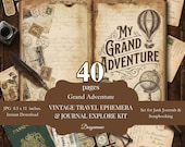 Vintage Travel Junk Journal Kit Printable, Wanderlust Ephemera Pages, Antique Map Scrapbook Paper, Passport Tags, Adventure Digital Download