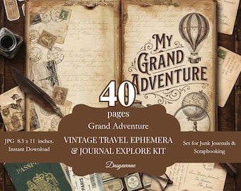 Vintage Travel Junk Journal Kit Printable, Wanderlust Ephemera Pages, Antique Map Scrapbook Paper, Passport Tags, Adventure Digital Download