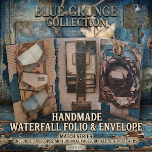 May include: A blue grunge collection handmade waterfall folio and envelope featuring vintage-style paper ephemera, including mini journal pages, booklets, and postcards. The design incorporates layered envelopes, a central spine strap, and a typewriter graphic.